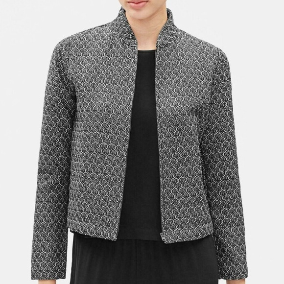 EILEEN FISHER Large Jacquard Suit Blazer  FLIGHT JACKET BLACK Zip Career - Picture 1 of 5